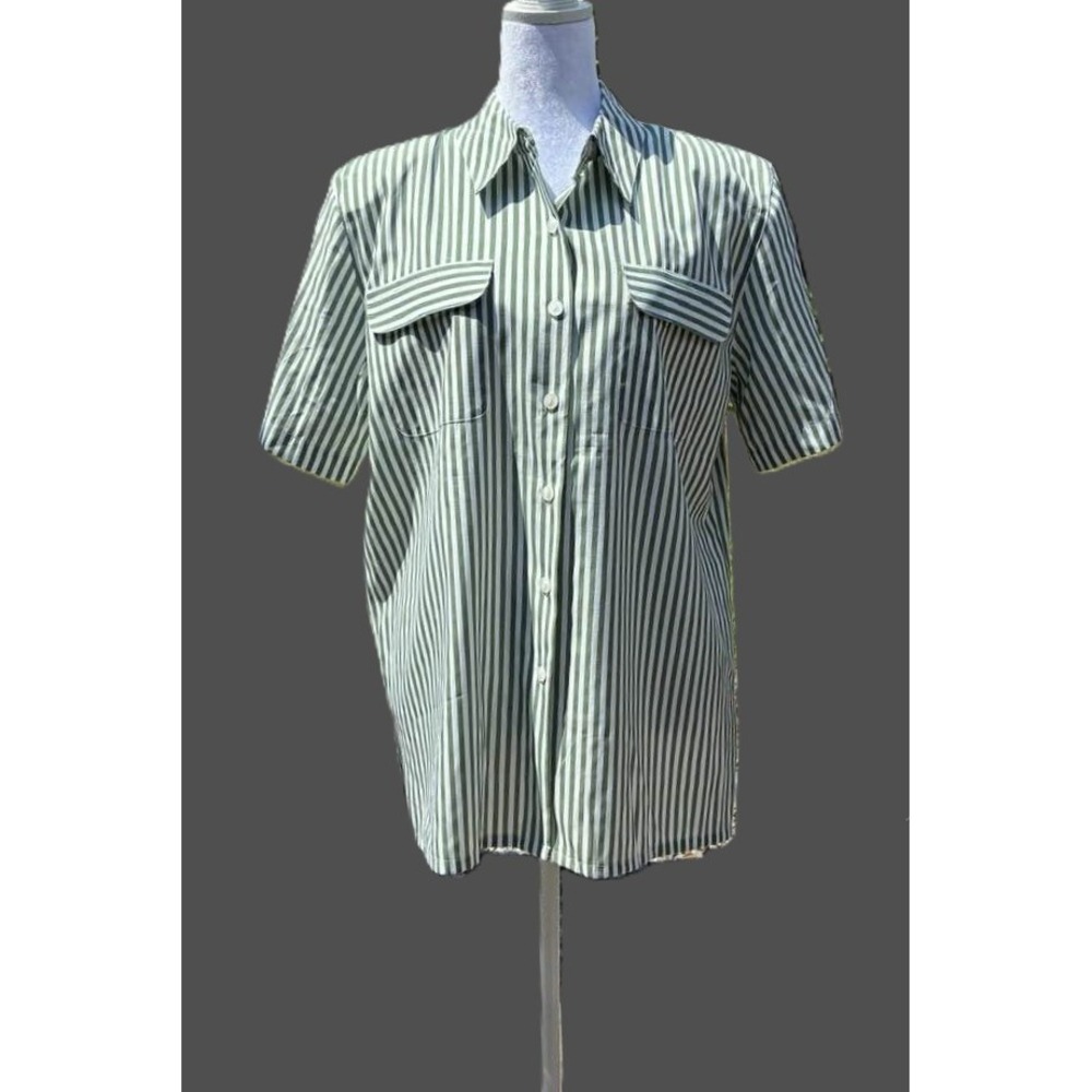 Joanna Vintage Green White Striped Button Down Shirt Shoulder Pads‎ Size L NEW